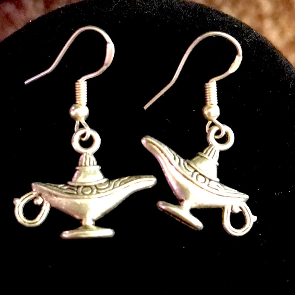 Silver Tone Genie Lamp French Wire Pierced Earrings Aladdin Magic Lantern